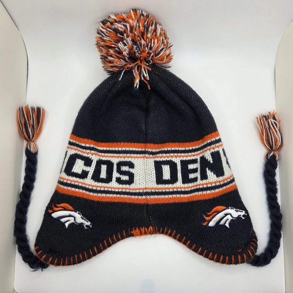 NFL Team Apparel Denver Broncos Toddler Beanie‎ Trapper Hat Navy Orange 2T-4T